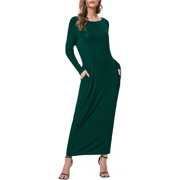 Women's Dark Green Maxi Dress Viscose Elastane Casual Lounge Vacation - Picture 4 of 5